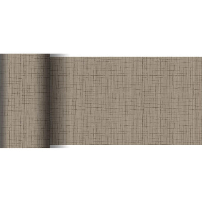 Um rolo de corredor de mesa Dunicel 20 m x 15 cm da Duni GmbH com superfície bege texturizada e padrão discreto de cruz marrom é parcialmente desenrolado sobre um fundo branco - ideal para uma decoração de mesa elegante.