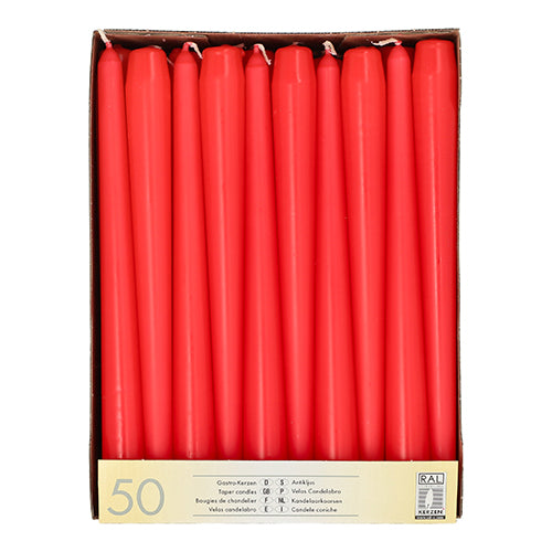 A caixa Starpak 50 velas Ø 2,2 cm - 25 cm contém 50 velas brancas lisas, verticais, com longa duração de queima, dispostas de forma organizada e rotuladas em várias línguas.