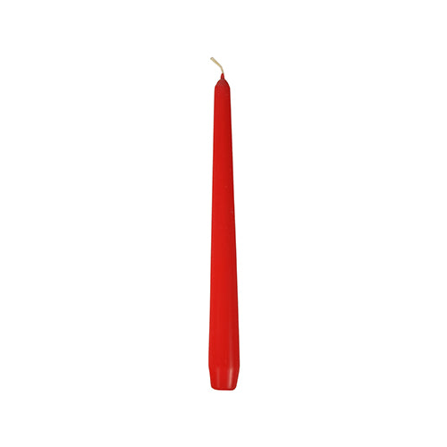 Uma única vela Starpak 50 Ø 2,2 cm - 25 cm em vermelho, não acesa, está ereta em frente a um fundo branco, com ponta afiada e pavio visível - ideal para um ambiente acolhedor.