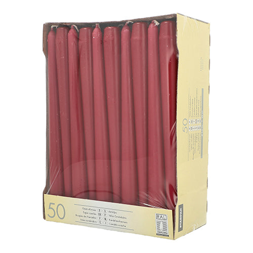 Uma caixa bege com 50 velas cônicas Starpak (Ø 2,2 cm, 25 cm) é visível através de uma embalagem de plástico transparente, com textos e símbolos impressos à esquerda e à direita embaixo.