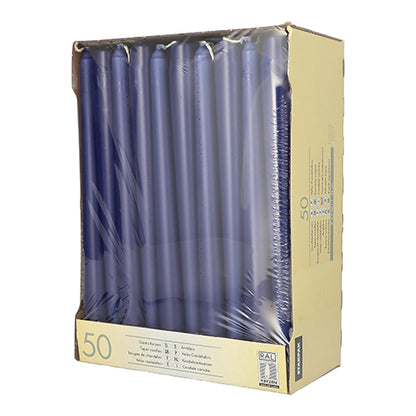 Uma caixa bege Starpak contém 50 velas cônicas azuis (Ø 2,2 cm, 25 cm), parcialmente embrulhadas em plástico transparente, com informações do produto na lateral e na frente.