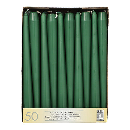 As Starpak 50 velas (Ø 2,2 cm, 25 cm) têm formato uniforme, cuidadosamente embaladas em filas, com longa duração de queima; a etiqueta inferior indica quantidade e informações do produto.