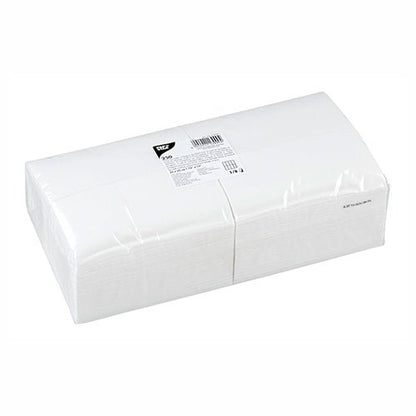 Um pacote selado de PAPSTAR guardanapos 2-camadas, 33x33 cm, branco, dobra superior (250 unidades) da PAPSTAR GmbH está equipado com uma etiqueta de produto em preto e branco e certificação FSC sobre fundo branco.