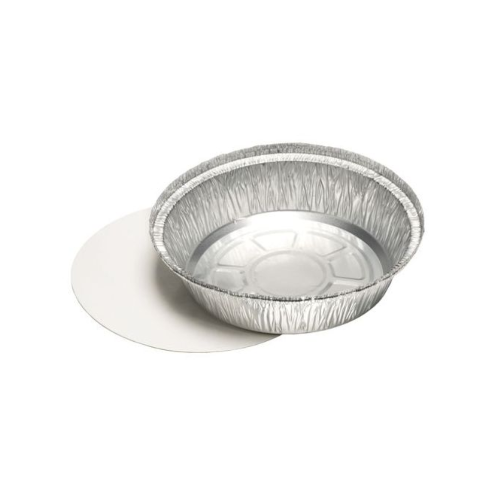 Uma forma de panificação Starpak 25 Schalen, Alu + tampa de inserção, revestida em PP com uma tampa de cartão plana correspondente está próxima sobre um fundo branco simples.