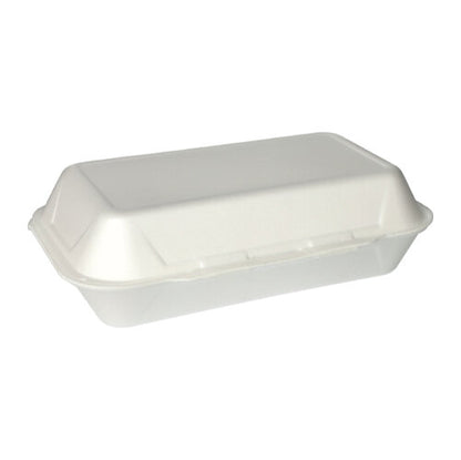 Diante de um fundo branco simples, está representado um recipiente para takeaway Starpak 100 multiuso com tampa dobrável (XPS, 1800 ml, 7,5 x 24 x 13,3 cm).