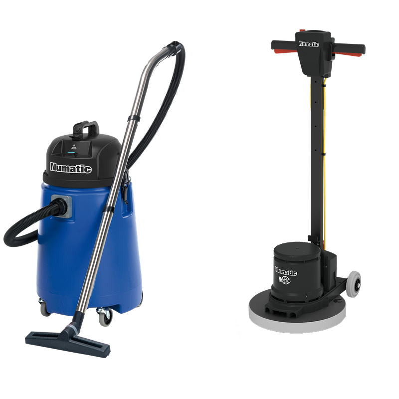 Máquina de disco único Numatic HFM1515R / ESM conjunto 5B com aspirador de água WV800-2 e PadLoc Trei | Pacote (1 peça)