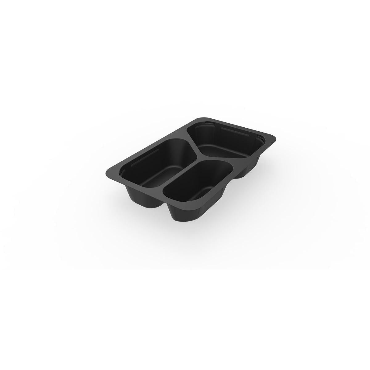 A Duni GmbH 1/4 GN Tigelas para Menus 3 Preto PP/MIN 265x162x45, uma tigela dupla de plástico preto com bordas arredondadas e um leve lábio superior, é mostrada vazia sobre um fundo branco. A embalagem contém 225 peças.