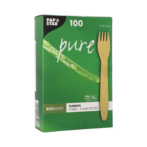 Uma caixa verde PAPSTAR com a inscrição "pure" contém 100 garfos de madeira ecológicos e estáveis (16,5 cm); a marca PAPSTAR GmbH está no canto superior esquerdo e uma imagem de garfo de madeira aparece no lado direito da caixa dobrável.