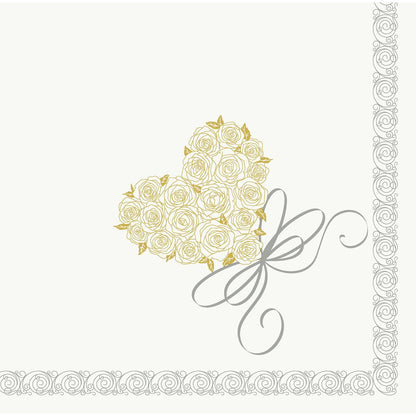 Um coração de rosas douradas com uma fita cinza, centralizado em um fundo branco com bordas cinzas ornamentadas - ideal para guardanapos Dunisoft 40 x 40 cm 1/4 dobra da Duni GmbH, quando você deseja guardanapos de alta qualidade.
