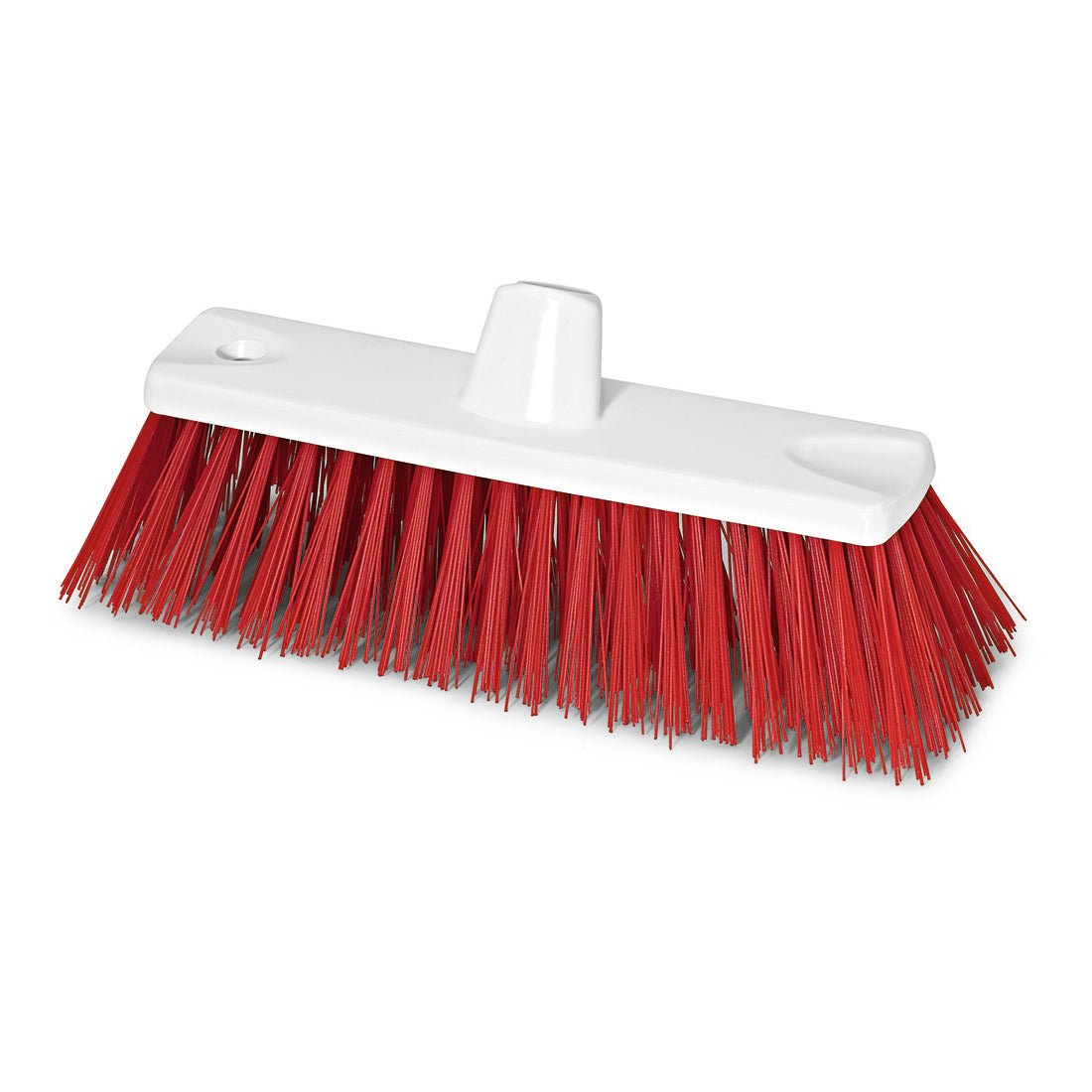 A vassoura grossa HACCP Nölle Profi Brush de 30 cm tem cerdas extra duras (1,00 mm) e dois orifícios para cabo; uma cabeça de vassoura retangular branca com cerdas vermelhas densas da Nölle Profi Brush Bürsten- & Pinseltechnik e.K., ilustrada sobre um fundo branco.