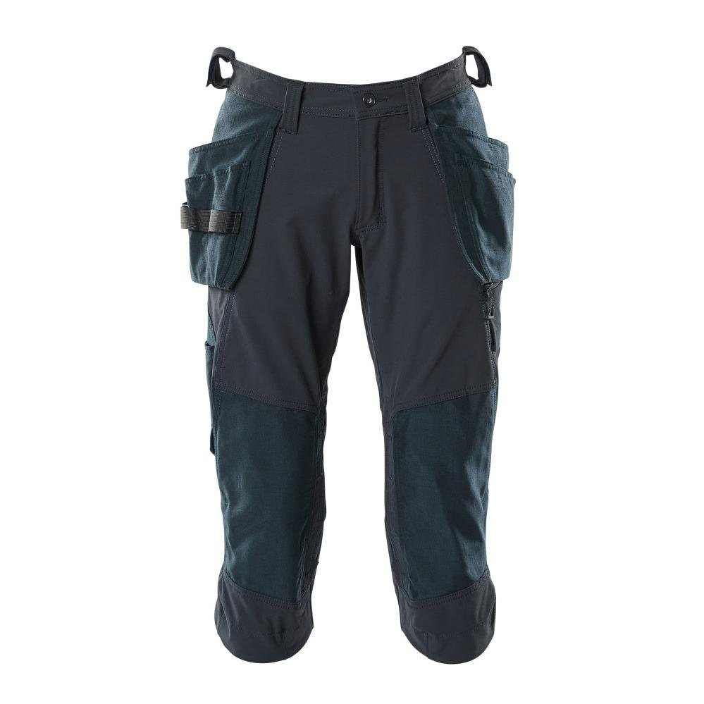 Calças três quartos, bolsos suspensos, calças stretch artesão três quartos
