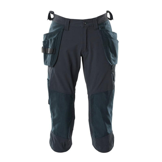 Calças três quartos, bolsos suspensos, calças stretch artesão três quartos