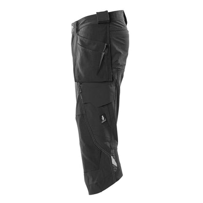 Calças três quartos, bolsos suspensos, calças stretch artesão três quartos