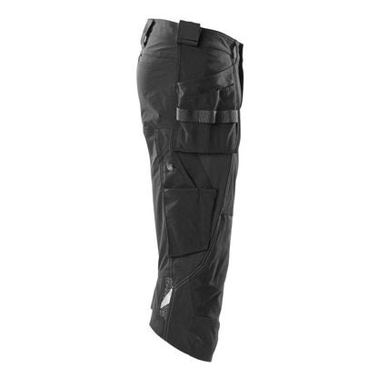 Calças três quartos, bolsos suspensos, calças stretch artesão três quartos