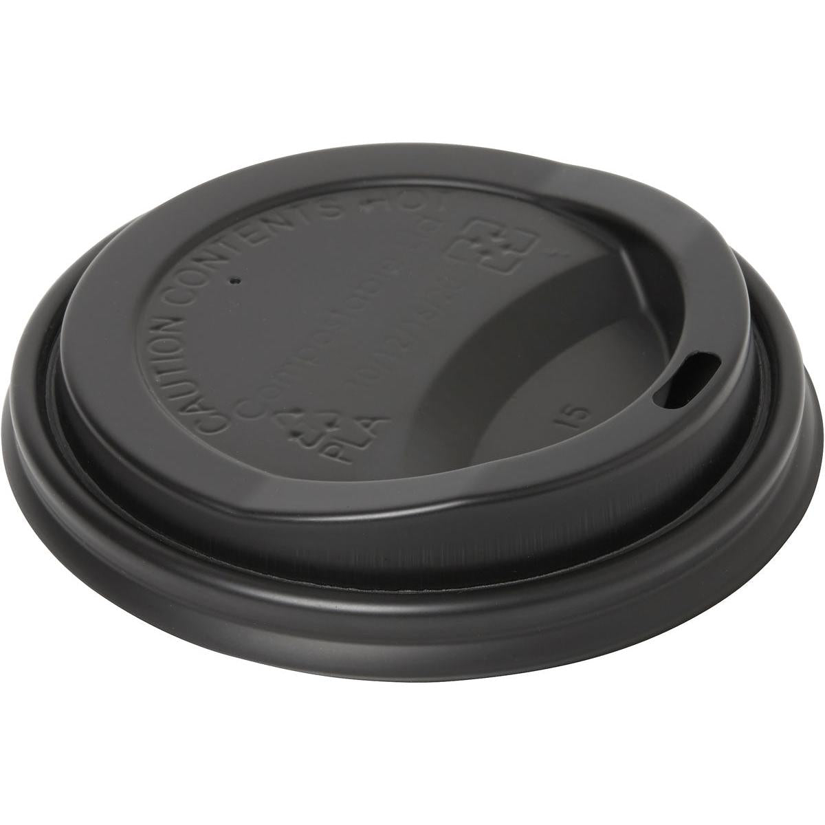 A "Tampa para 182576, CPLA Preto" da Duni GmbH é biodegradável, adequada para copos descartáveis, com abertura para beber e aviso elevado "Caution Contents Hot". Mostrado de uma perspectiva superior inclinada. Embalagem: 50 unidades.