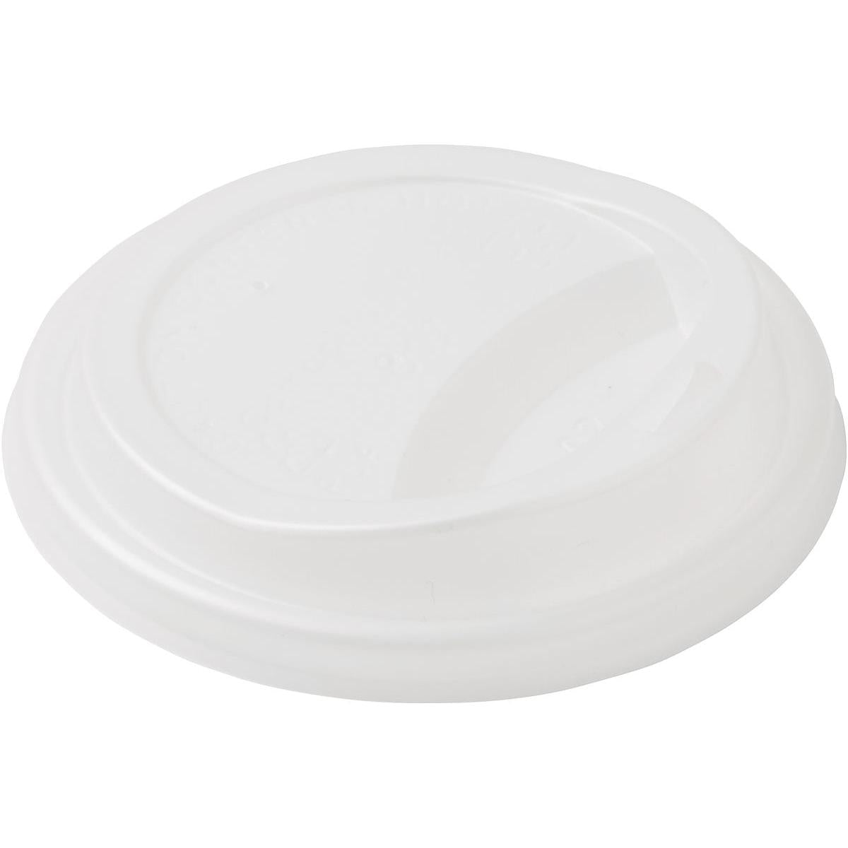 Uma tampa CPLA branca para 182574/182575 da Duni GmbH, biodegradável e ecológica, com borda elevada e abertura oval para beber, está sobre um fundo branco. A embalagem contém 40 unidades.