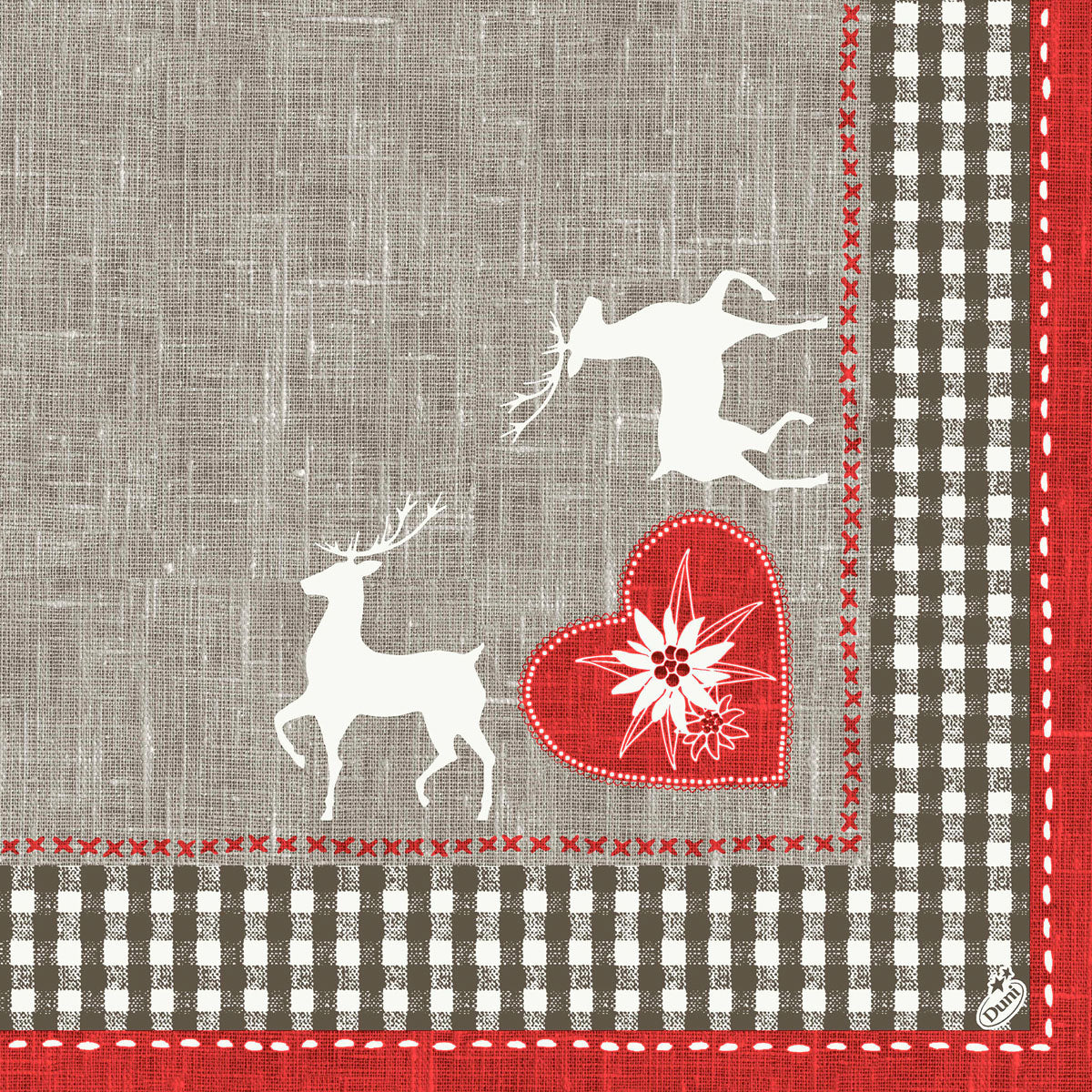 Ein Stoffdessin mit zwei weißen Hirschen, einem roten Herz mit Blume und braun-weißer Gingham-Bordüre - ein Muster in Leinenoptik, perfekt für Dunisoft-Servietten 40 x 40 cm 1/4 Falz der Duni GmbH.