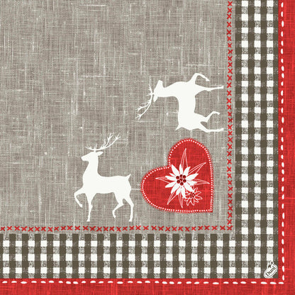 Um padrão de tecido com dois cervos brancos, um coração vermelho com flor e uma borda xadrez marrom-branca - um padrão em aparência de linho, perfeito para guardanapos Dunisoft 40 x 40 cm 1/4 dobra da Duni GmbH.