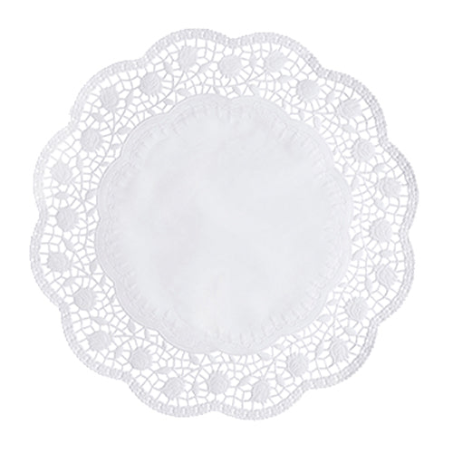 As doilies redondas PAPSTAR Ø 33 cm, brancas da PAPSTAR GmbH são toalhinhas redondas e brancas com centro de cor única e borda ondulada, ideais para bolos; em pacote de 8 unidades.
