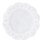 As doilies redondas PAPSTAR Ø 33 cm, brancas da PAPSTAR GmbH são toalhinhas redondas e brancas com centro de cor única e borda ondulada, ideais para bolos; em pacote de 8 unidades.