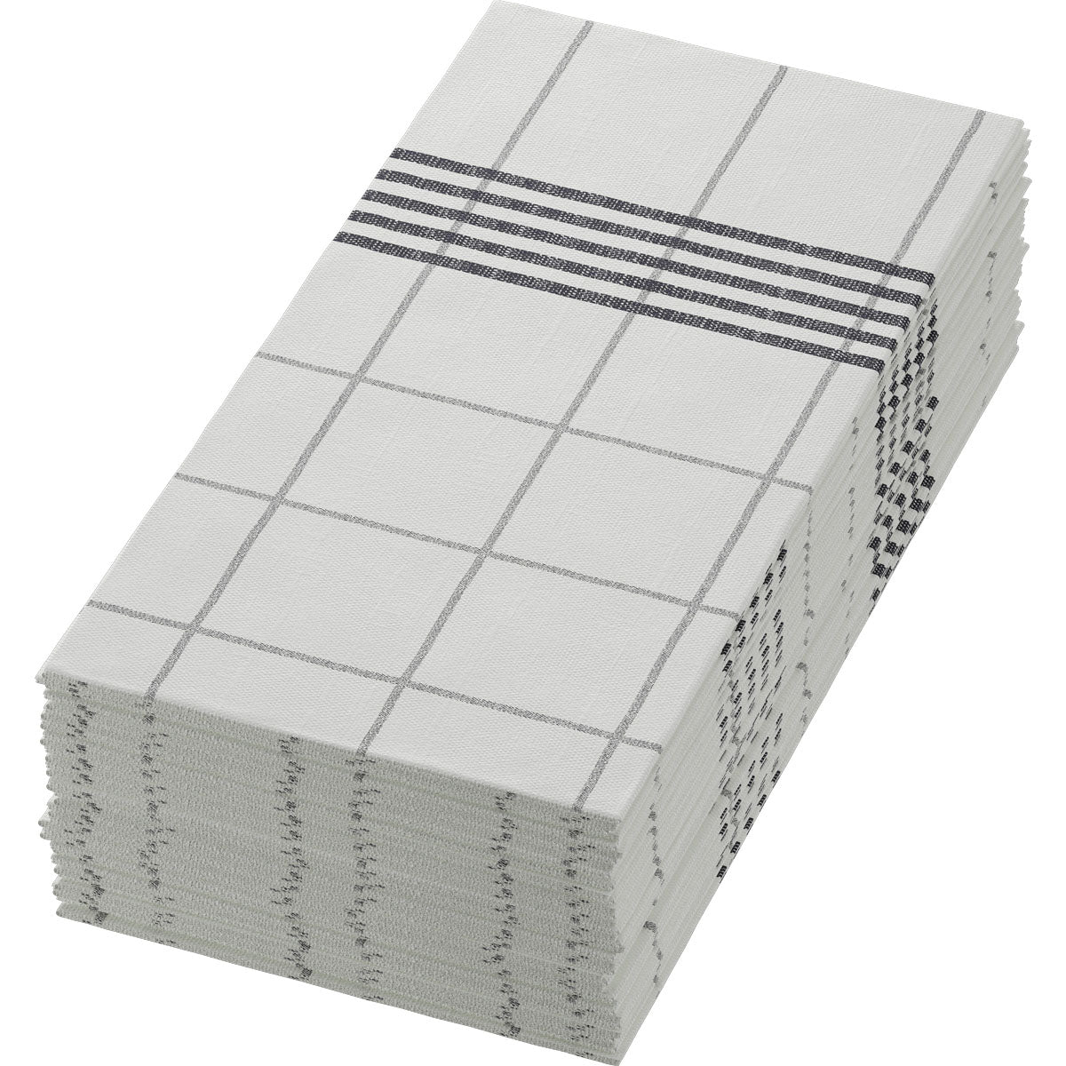 Um monte de guardanapos Dunisoft 48 x 48 cm 1/8 dobra em livro toalha da Duni GmbH em branco, com uma linha preta xadrez e listrada em uma borda, confere a qualquer mesa posta uma elegância e estilo de alta qualidade.