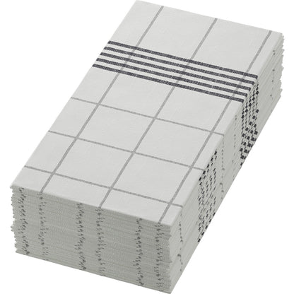 Um monte de guardanapos Dunisoft 48 x 48 cm 1/8 dobra em livro toalha da Duni GmbH em branco, com uma linha preta xadrez e listrada em uma borda, confere a qualquer mesa posta uma elegância e estilo de alta qualidade.