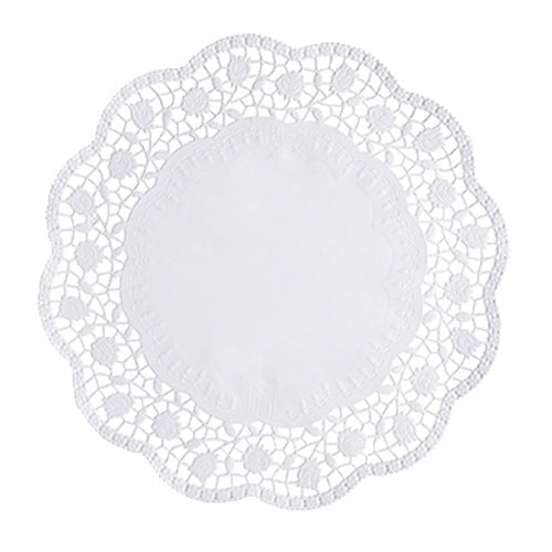 As PAPSTAR 250 doilies redondas brancas da PAPSTAR GmbH são feitas de toalhinhas de papel redondas brancas com bordas onduladas e um padrão floral em estilo rendado – perfeito para a apresentação elegante de bolos.