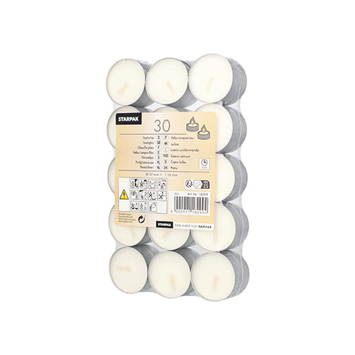 Starpak 30 velas de chá brancas (Ø 37 mm, 16 mm) em copos de alumínio, seguras em bandeja de plástico embaladas em filme retrátil; Etiqueta com informações do produto e instruções em várias línguas no topo.