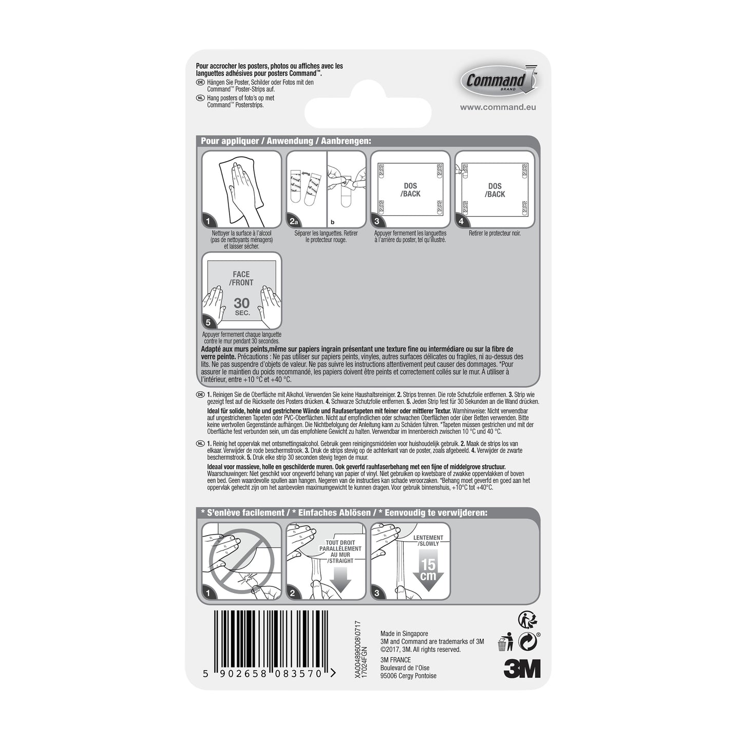 Verso de um pacote de tiras para poster Command™ 17024 da 3M Deutschland GmbH com instruções ilustradas passo a passo para fixação sem resíduos e fixação de pôster em vários idiomas, com diagramas, código de barras e marcação 3M no canto inferior direito.