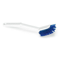 A Nölle Profi Brush HACCP Escova de Lavagem Disquete Cerdas 0,25 mm da Nölle Profi Brush Bürsten- & Pinseltechnik e.K. é uma escova de limpeza de plástico branca com cerdas azuis e cabo longo, ilustrada em um fundo branco sólido inclinado.