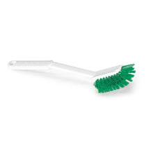 Ilustrada está uma Nölle Profi Brush HACCP Escova de Lavagem Disquete Cerdas 0,25 mm da Nölle Profi Brush Bürsten- & Pinseltechnik e.K. com cabo branco curvado e cerdas verdes rígidas em um fundo branco sólido.