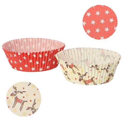 PAPSTAR GmbH 60 formas de cupcake Ø 5 cm · 2,5 cm: Inclui formas de cupcake em vermelho com estrelas brancas e creme com rena vermelha delineada. Os motivos planos mostram ambos os padrões festivos – ideal para assar cupcakes ou muffins.