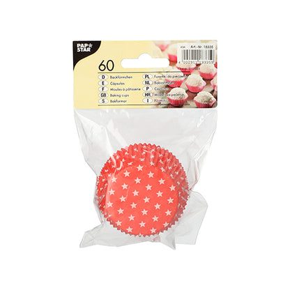 O pacote de 60 formas de cupcake (Ø 5 cm, altura 2,5 cm) da PAPSTAR GmbH são formas vermelhas com estrelas brancas, ideal para muffins ou cupcakes e são entregues em um saco plástico transparente com etiqueta amarela.