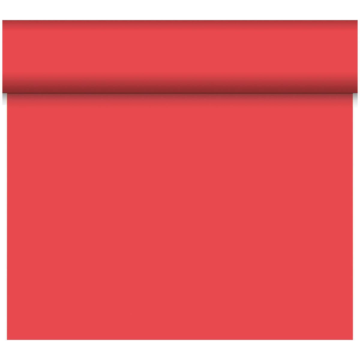 Ein teilausgerollter Dunicel-Tischläufer Tête-à-Tête 24 m x 0,4 m (20 Abschnitte) der Duni GmbH setzt mit seiner glatten Oberfläche und dem gerollten Rand einen stilvollen Akzent in Ihrer Tischdekoration.