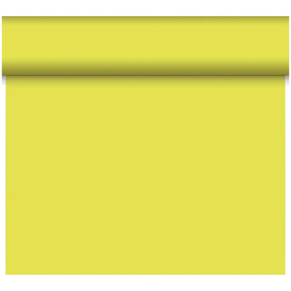 Der Dunicel-Tischläufer Tête-à-Tête 24 m x 0,4 m (20 Abschnitte) der Duni GmbH hat eine unifarbene hellgelbe, glatte und ungemusterte Oberfläche - ideal für eine stilvolle Tischdekoration oder ein Tête-à-Tête.