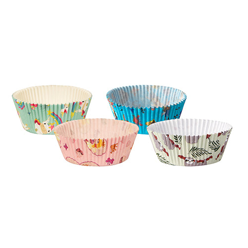 Conjunto de 60 PAPSTAR formas de cupcake (Ø 5 cm, H 2,5 cm) da PAPSTAR GmbH em verde, rosa, azul e branco com motivos coloridos de animais, arco-íris e plantas – ideal para cupcakes ou muffins. Apresentadas sobre um fundo branco.