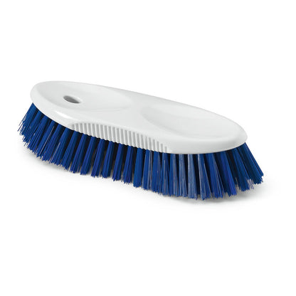 A escova de jarra HACCP Nölle Profi Brush 19 cm da Nölle Profi Brush Bürsten- & Pinseltechnik e.K. tem um cabo branco com reentrâncias, cerdas azuis densas de 0,5 mm duras e um orifício para pendurar - ideal para a limpeza profissional de cozinhas.