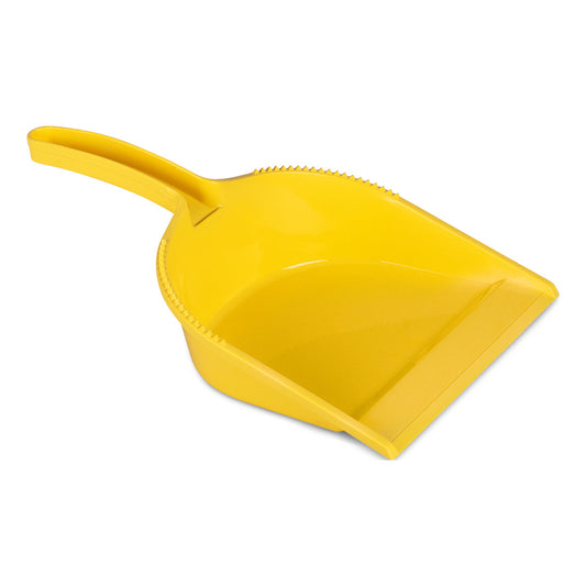 Die Nölle Profi Brush HACCP Kehrschaufel ohne Lippe, eine gelbe Kehrschaufel aus Kunststoff mit flachem Rand, gebogenem Griff und erhöhten Seitenrillen von Nölle Profi Brush Bürsten- & Pinseltechnik e.K., ist auf weißem Hintergrund abgebildet.