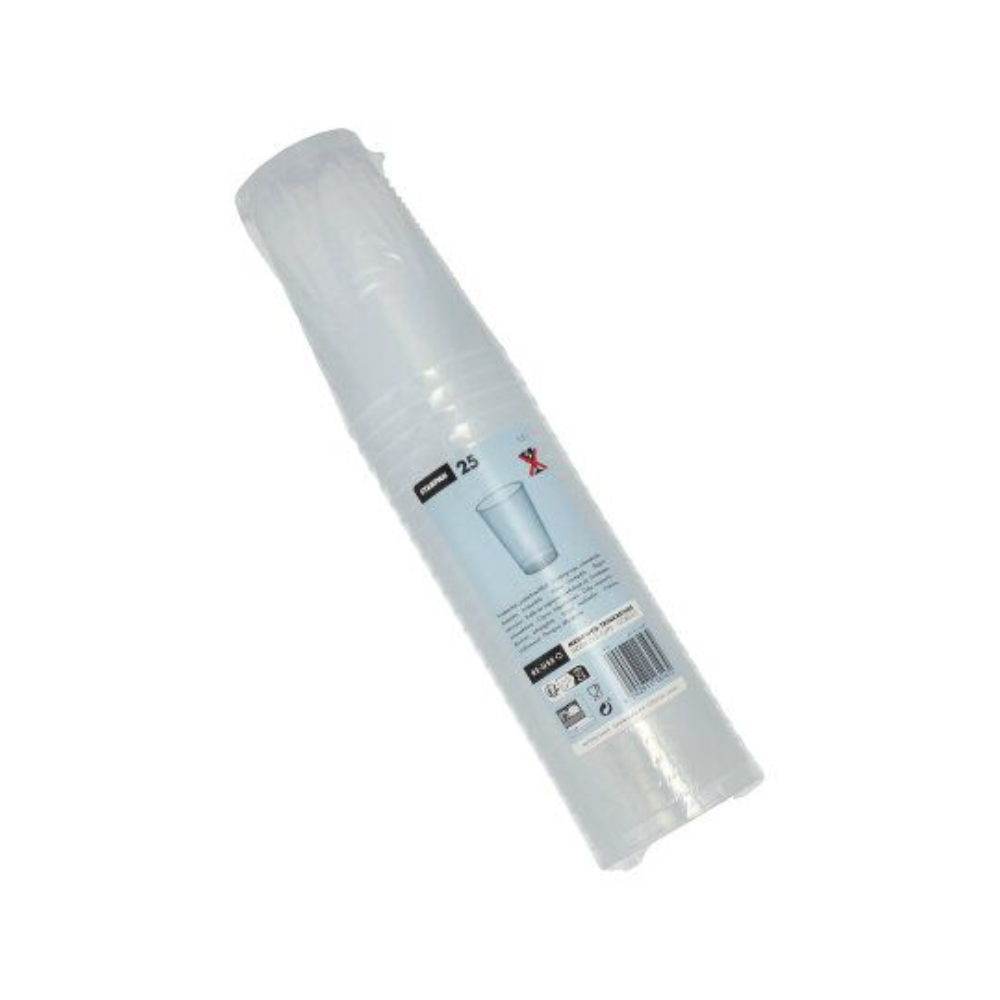 Um pacote de copos descartáveis transparentes e inquebráveis, embalados em plástico, com a inscrição 'Starpak Copo de Plástico Reutilizável (PP) 0,3 l Ø 7,8 cm · 11,8 cm' contém 25 unidades. A etiqueta possui símbolos de reciclagem e um código de barras, e os copos estão empilhados verticalmente na embalagem.