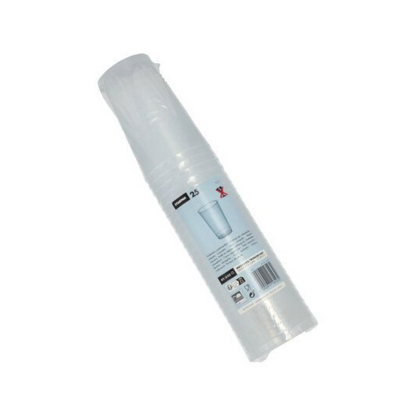 Um pacote de copos descartáveis transparentes e inquebráveis, embalados em plástico, com a inscrição 'Starpak Copo de Plástico Reutilizável (PP) 0,3 l Ø 7,8 cm · 11,8 cm' contém 25 unidades. A etiqueta possui símbolos de reciclagem e um código de barras, e os copos estão empilhados verticalmente na embalagem.