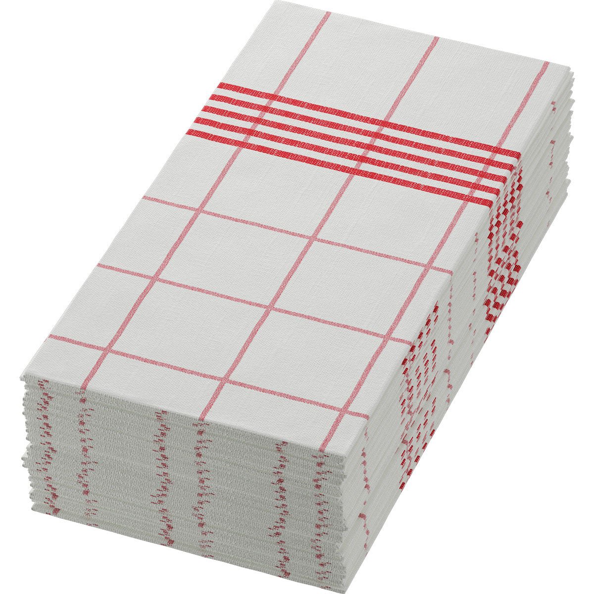 Guardanapos Dunisoft 48 x 48 cm 1/8 dobra em livro toalhas da Duni GmbH dobrados meticulosamente com padrão xadrez vermelho e listras vermelhas - perfeitos para dar um toque de alta qualidade a qualquer mesa posta.