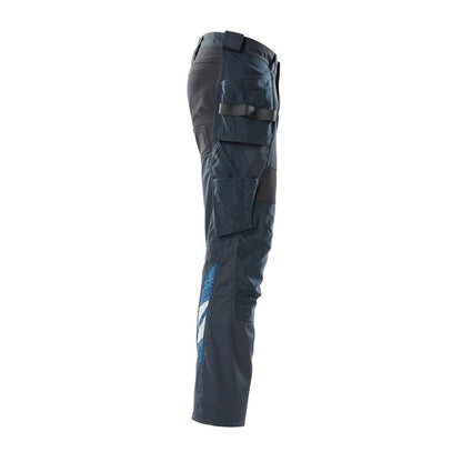 Calças com bolsos suspensos, calças com inserções elásticas