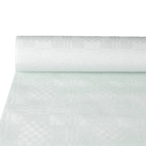 Uma rolo parcialmente desenrolado de toalha de mesa de papel PAPSTAR GmbH com relevo adamascado, branco (10 m x 1,2 m), destaca a estrutura elegante - ideal para uma mesa posta com estilo. O fundo simples direciona a atenção para o relevo adamascado de alta qualidade.