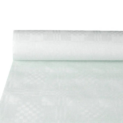 Uma rolo parcialmente desenrolado de toalha de mesa de papel PAPSTAR GmbH com relevo adamascado, branco (10 m x 1,2 m), destaca a estrutura elegante - ideal para uma mesa posta com estilo. O fundo simples direciona a atenção para o relevo adamascado de alta qualidade.
