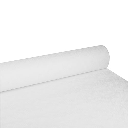 O PAPSTAR toalha de mesa de papel com estampado damasco em branco (100 m x 1,2 m), da PAPSTAR GmbH, é mostrada parcialmente desenrolada numa superfície plana, exibindo o padrão damasco de textura fina.