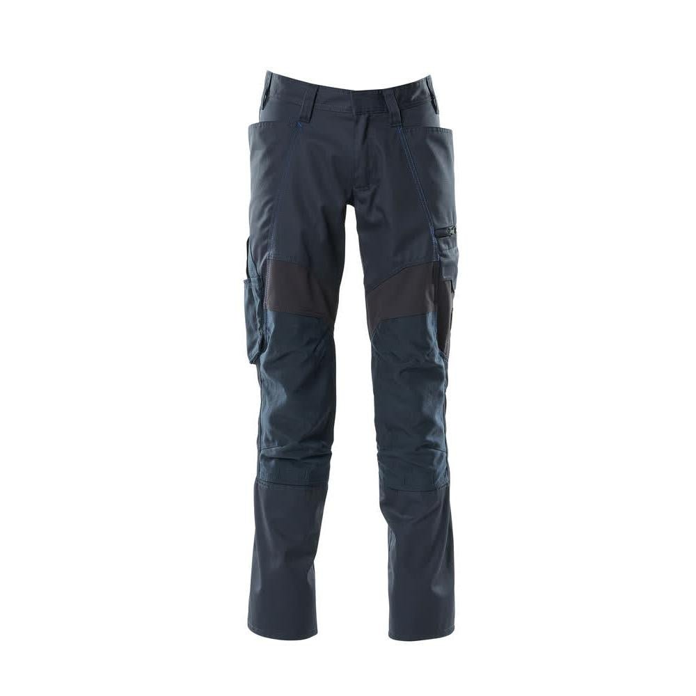Calças com bolsos nos joelhos, calças com inserções elásticas, preto-azul