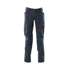 Calças com bolsos nos joelhos, calças com inserções elásticas, preto-azul
