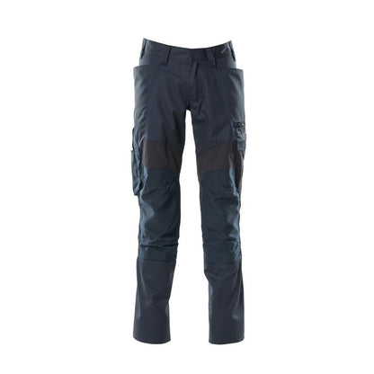 Calças com bolsos nos joelhos, calças com inserções elásticas, preto-azul