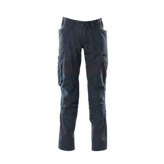 Calças com bolsos nos joelhos, calças com inserções elásticas, preto-azul