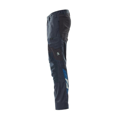 Calças com bolsos nos joelhos, calças com inserções elásticas, preto-azul